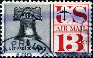 Another photo of the United States 1961 13c Cancelled Liberty bell stamp