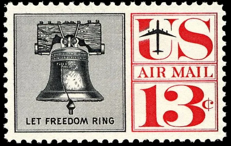 United States 1961 13c Cancelled Liberty bell stamp, photographed by a collector
