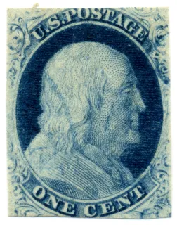 United States 1851 1c Franklin stamp, photographed by a collector
