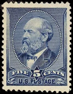 United States 1888 5c Garfield stamp, photographed by a collector