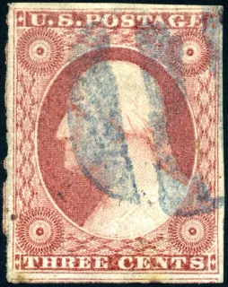 United States 1851 3c cracked stamp, photographed by a collector
