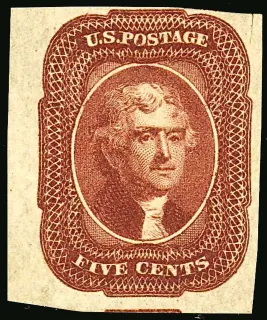 United States 1856 5c Jefferson stamp, photographed by a collector