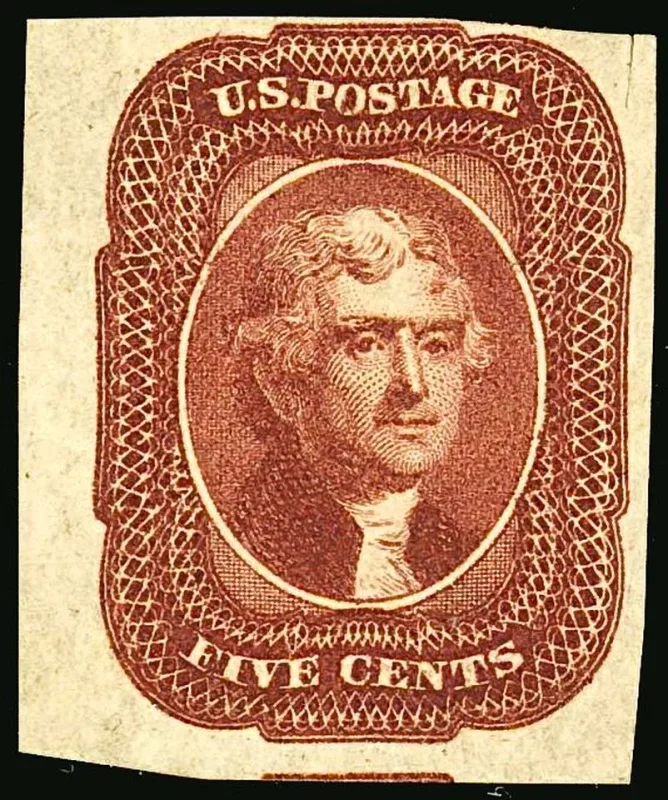 United States 1856 5c Jefferson stamp, photographed by a collector