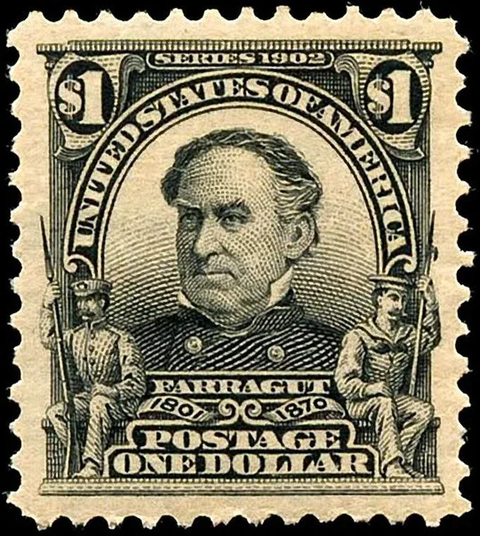 United States 1903 $1 David Farragut stamp, photographed by a collector