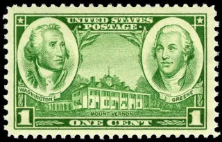 United States 1936 1c George Washington and Nathanael Greene, , Arny of stamp, photographed by a collector