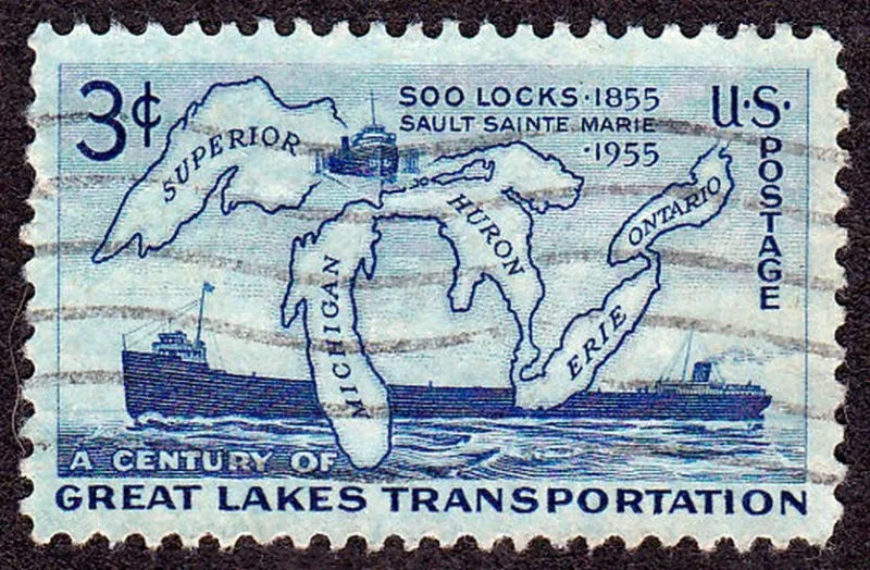 United States 1955 3c Great Lakes Trans stamp, photographed by a collector