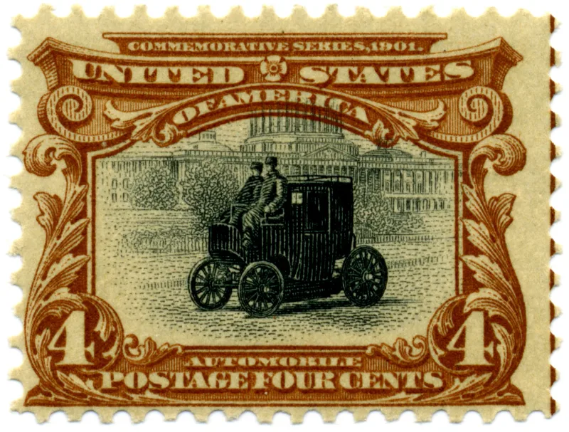 United States 1901 4c Pan Am Automobile stamp, photographed by a collector