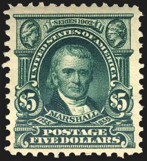 United States 1903 $5 John Marshall stamp, photographed by a collector