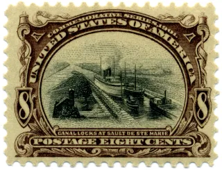 United States 1901 8c Pan Am Canal Locks at Sault de St Marie stamp, photographed by a collector