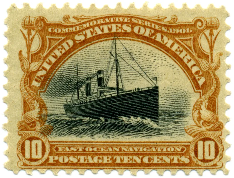 United States 1901 10c Pan Am Fast Ocean Navigation stamp, photographed by a collector