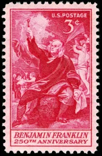 United States 1956 3c Ben Franklin 250th stamp, photographed by a collector