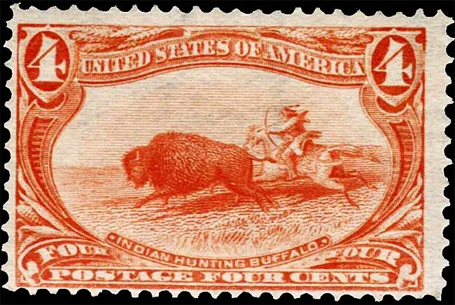 United States 1898 4c Indian Hunting Buffalo stamp, photographed by a collector