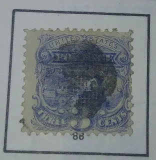 United States 1869 3c Locomotive stamp, photographed by a collector
