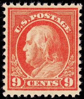 United States 1917 9c WF Franklin stamp, photographed by a collector