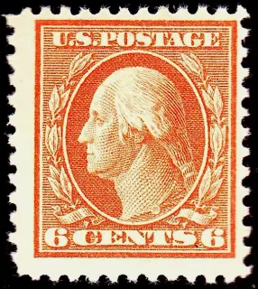 United States 1917 6c Washington-Franklin 6c Red Orange stamp, photographed by a collector