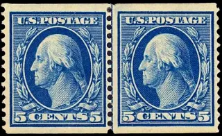United States 1909 5c WF coil stamp, photographed by a collector