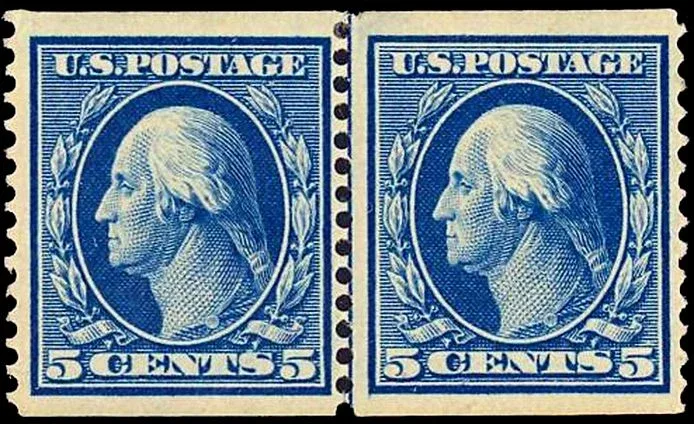 United States 1909 5c WF coil stamp, photographed by a collector