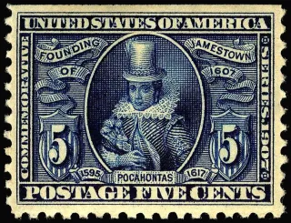 United States 1907 5c 00OPocahontas stamp, photographed by a collector