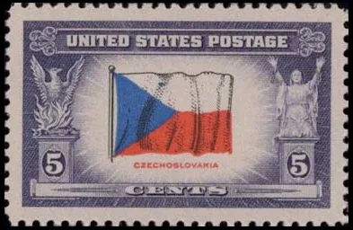 United States 1943 5 cents Overrun countries Czechoslovakia stamp, photographed by a collector