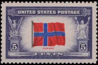 United States 1943 5 cents Overrun countries Norway stamp, photographed by a collector