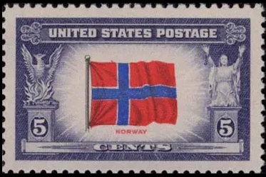 United States 1943 5 cents Overrun countries Norway stamp, photographed by a collector