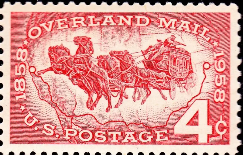 United States 1958 4c Overland mail stamp, photographed by a collector