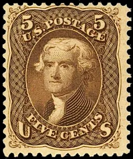 United States 1863 5c Jefferson stamp, photographed by a collector