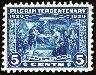 United States 1920 5 cents Signing of Mayflower Compact stamp, photographed by a collector