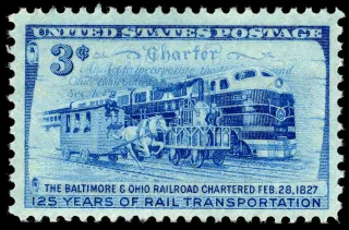 United States 1952 3c B & O Railroad stamp, photographed by a collector