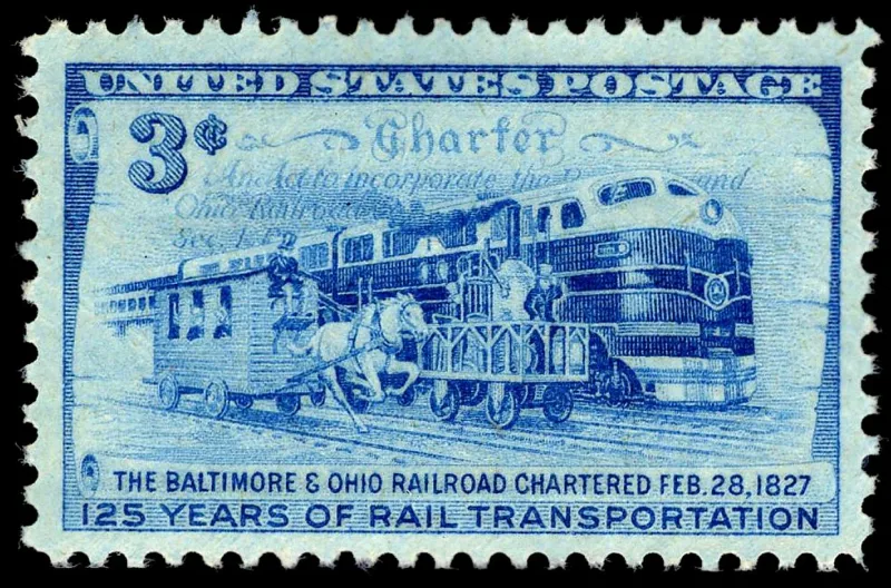United States 1952 3c B & O Railroad stamp, photographed by a collector