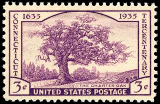 United States 1935 3c Connecticut Tercentenary,The Charter Oak single stamp, photographed by a collector