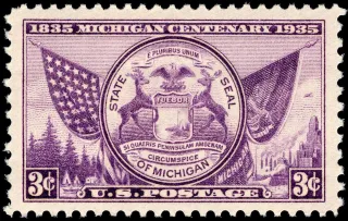 United States 1935 3c Michigan Centenary state seal stamp, photographed by a collector