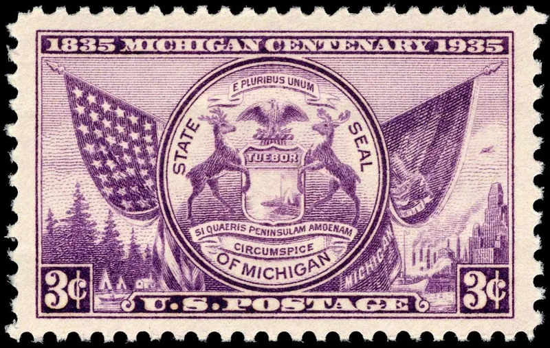 United States 1935 3c Michigan Centenary state seal stamp, photographed by a collector