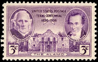 United States 1936 3c Texas Centennial Sam Houston, Stephen Austin, and Alamo stamp, photographed by a collector