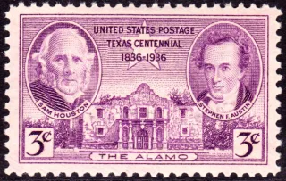 Another photo of the United States 1936 3c Texas Centennial Sam Houston, Stephen Austin, and Alamo stamp