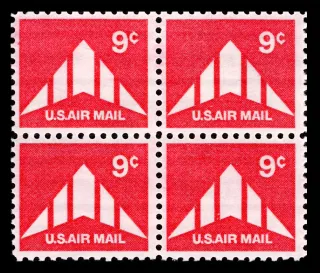 United States 1971 9 cents Nine cent airmail George Vander Sluis stamp, photographed by a collector