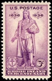 United States 1936 3c Rhode Island statehood Tercentenary stamp, photographed by a collector