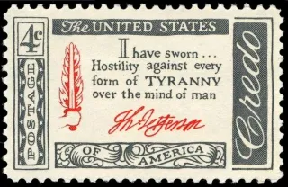 United States 1960 4c Jefferson Credo stamp, photographed by a collector