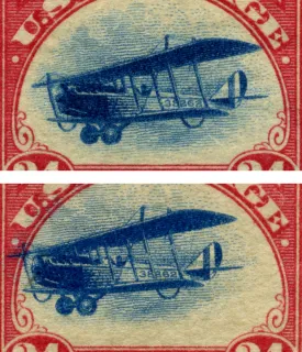 United States 1918 24c Curtiss Jenny Fast Plane Var stamp, photographed by a collector