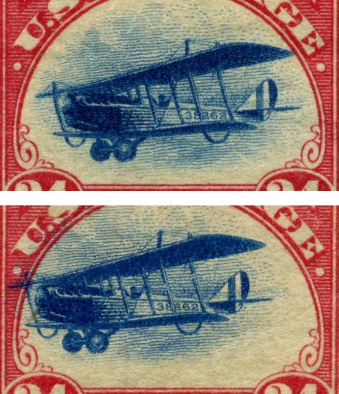 United States 1918 24c Curtiss Jenny Fast Plane Var stamp, photographed by a collector