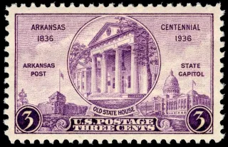 United States 1936 3c Arkansas Centennial state houses single stamp, photographed by a collector