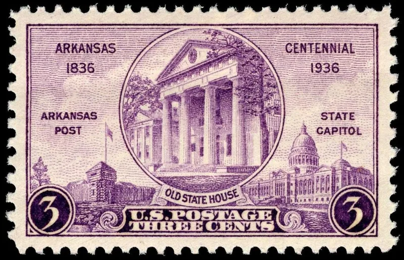 United States 1936 3c Arkansas Centennial state houses single stamp, photographed by a collector