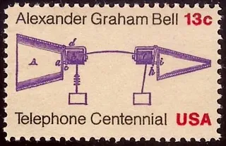 United States 1976 13c Telephone Centennial stamp, photographed by a collector