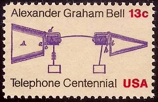 United States 1976 13c Telephone Centennial stamp, photographed by a collector