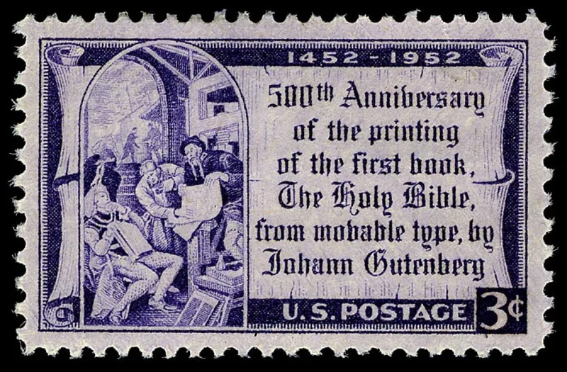 United States 1952 3c Gutenberg Bible, anniversary stamp, photographed by a collector