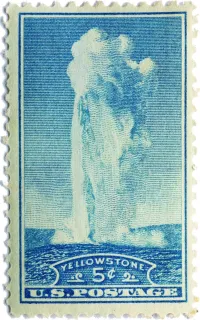 United States 1934 5c Old Faithful Geyser in Yellowstone stamp, photographed by a collector