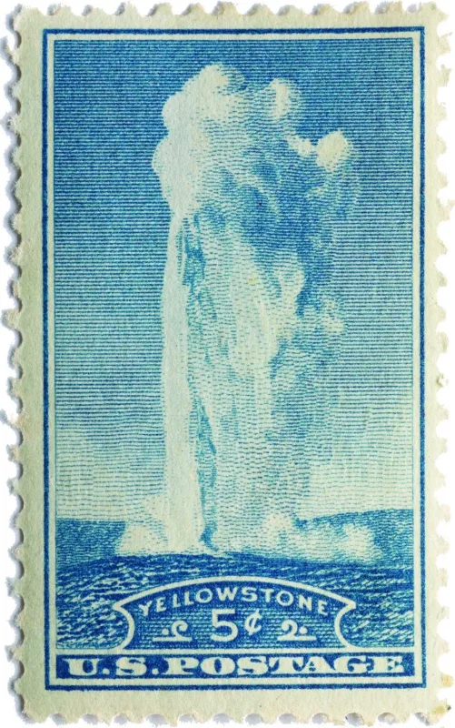 United States 1934 5c Old Faithful Geyser in Yellowstone stamp, photographed by a collector