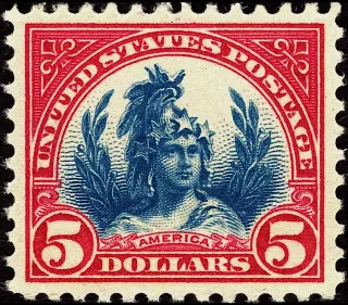 United States 1923 $5 Freedom stamp, photographed by a collector