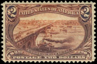 United States 1898 $2 Mississippi River bridge U.S stamp, photographed by a collector
