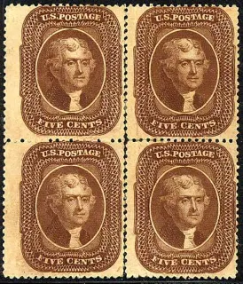 United States 1861 5c Jefferson Blk stamp, photographed by a collector
